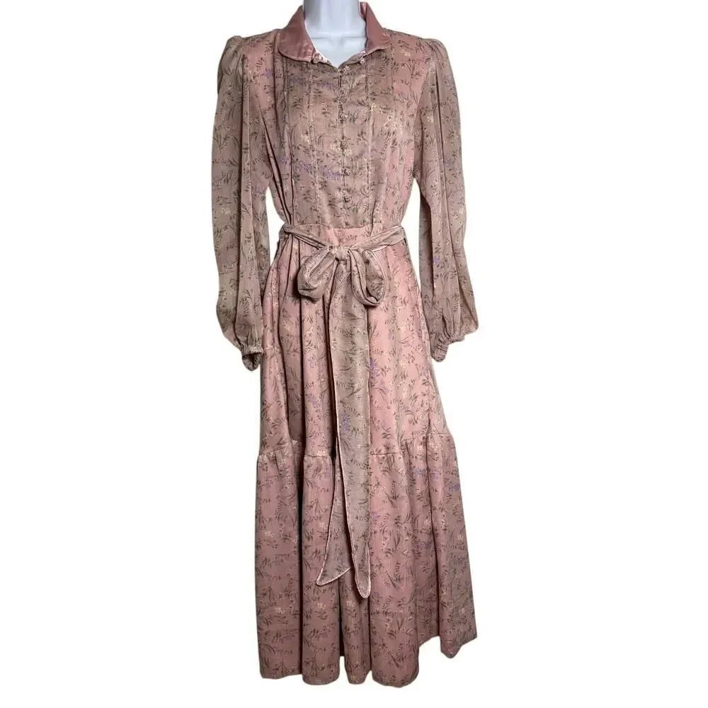 Sue Sartor Prairie Style Maxi Dress with Sash Women's Sz. S